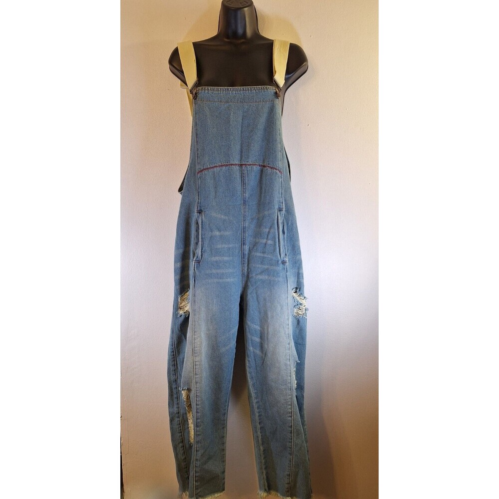 MONTHORIGIN Denim Overalls Women Jeans Blue Bib Distressed Small Baggy Gorpcore